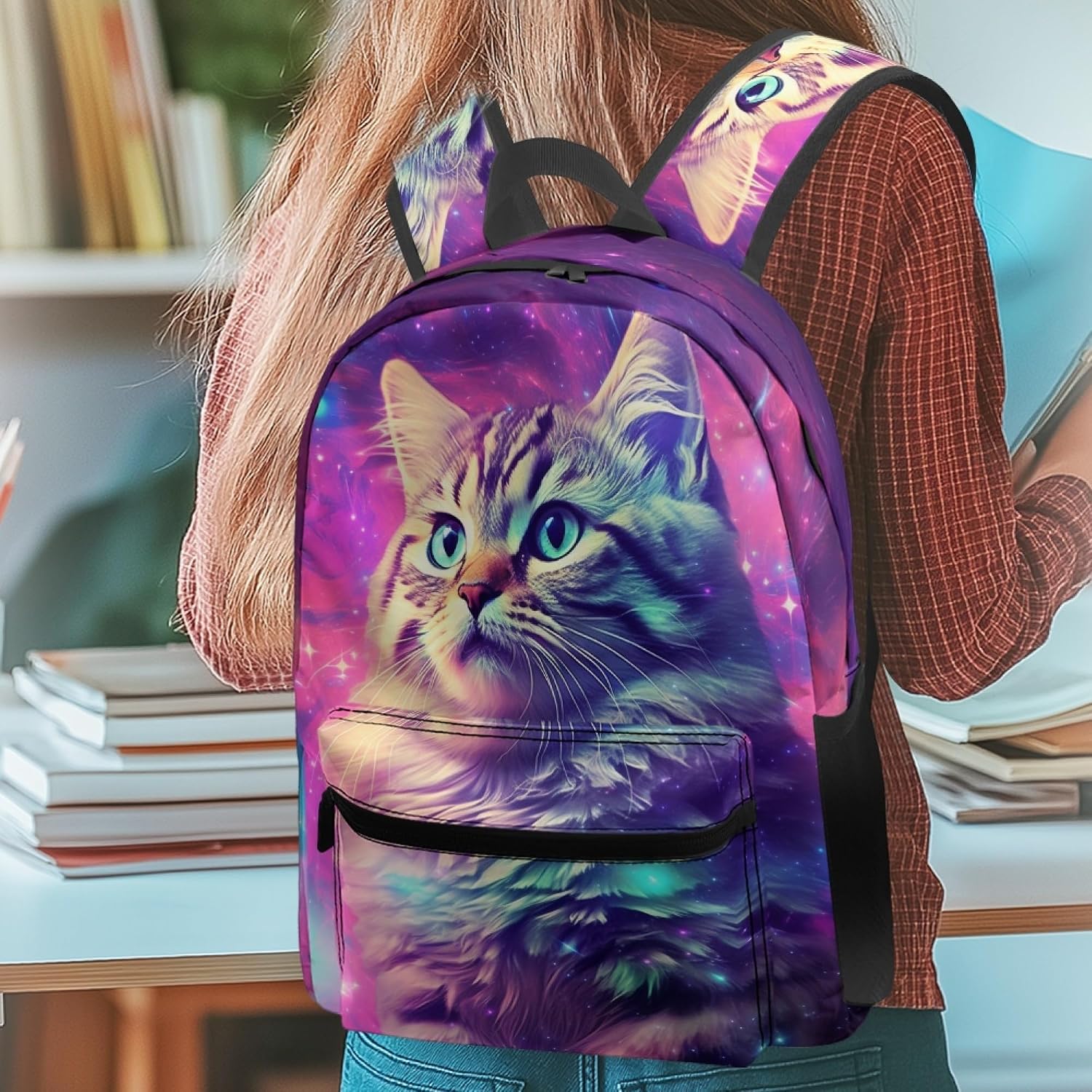 Kids School Backpack With Lunch Box Water Bottle Carrier Cat Print 17 Inch Boys Girls School Bags Large 3 Pcs Backpack Set Lunch Bag Water Bottle Holder For Gift