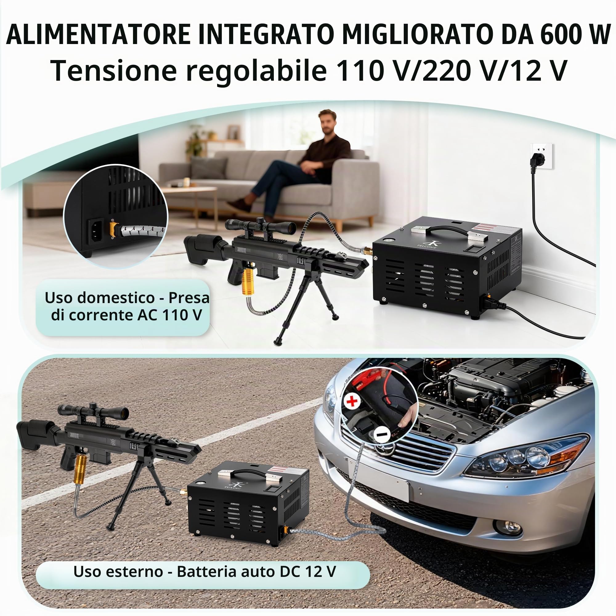 Compressore d'aria TUXING 4500Psi Pcp | Senza olio/acqua | Alimentato da auto 12V DC o casa 220V AC con convertitore | Pompa per fucile ad aria PCP, pistole a aria a paintball
