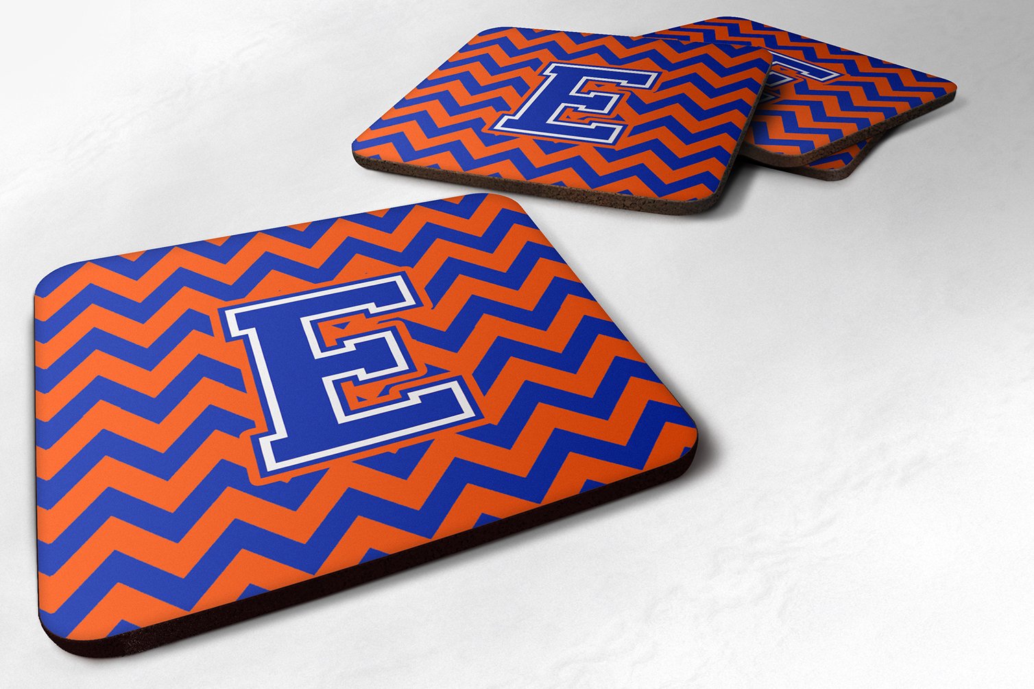 Caroline's Treasures CJ1044-EFC Set of 4 Letter E Chevron Orange and Blue Foam Coasters Set of 4, 3 1/2 x 3 1/2, multicolor