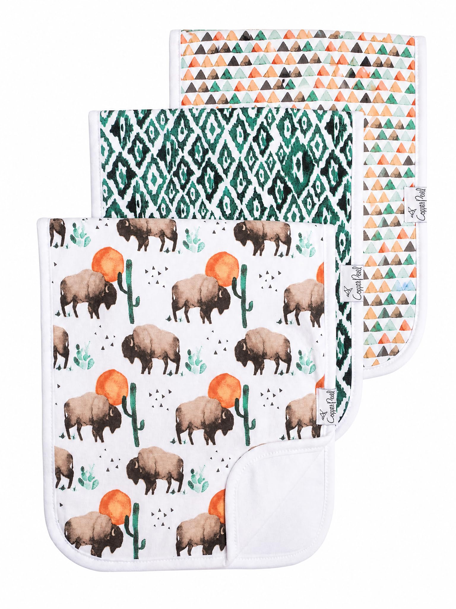 Copper Pearl Premium Baby Burp Cloths - 3-Pack Large Cotton Burp Cloths, Extra Soft Spit Up Rags with 3 Absorbent Layers, Perfect for Baby Boy Gifts (21" x 10" Size, Bison Set)