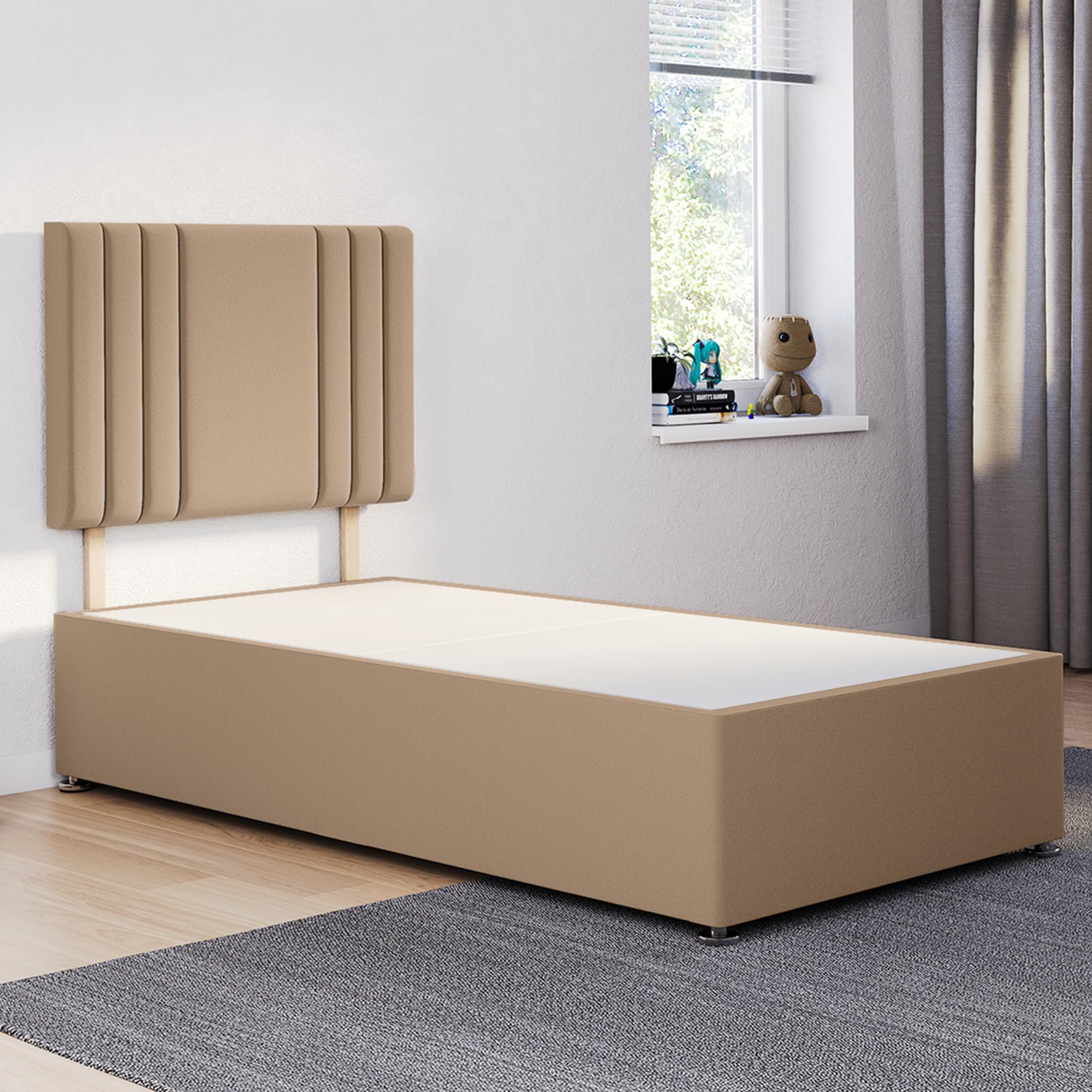ComfoRest - Contemporary 3FT Single Divan Bed Base with Streak Headboard โ Compact Frame for Everyday Bedrooms | Ideal for Flats or Guest Spaces โ No Mattress, No Drawers (Mink Plush)