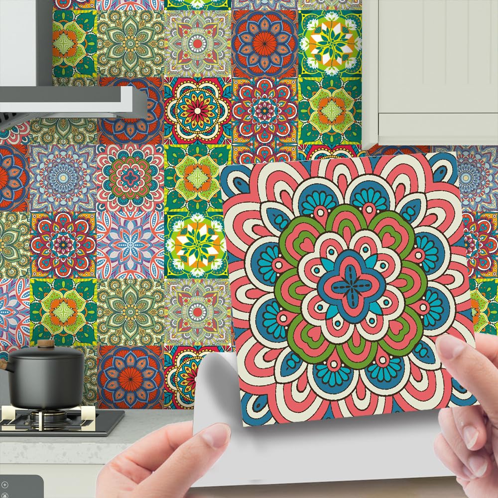 LMYSXAOZ 24 PCS Tile Stickers Stick on Tiles, Self Adhesive Wall Tiles for Kitchen Bathroom, Oil Proof Peel and DIY Floor Mandala (20x20cm,Morocco 2)