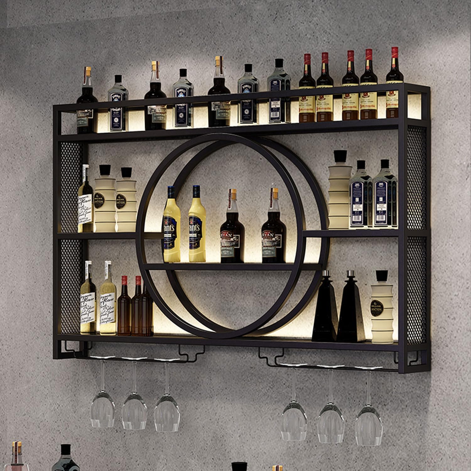 Porte - Bouteille Mural Industriel, Cadre en Fer de 3 Couches, présentoir à vin pour la décoration de la Maison, Bar, Restaurant et Cuisine, Noir,100 * 15 * 80cm