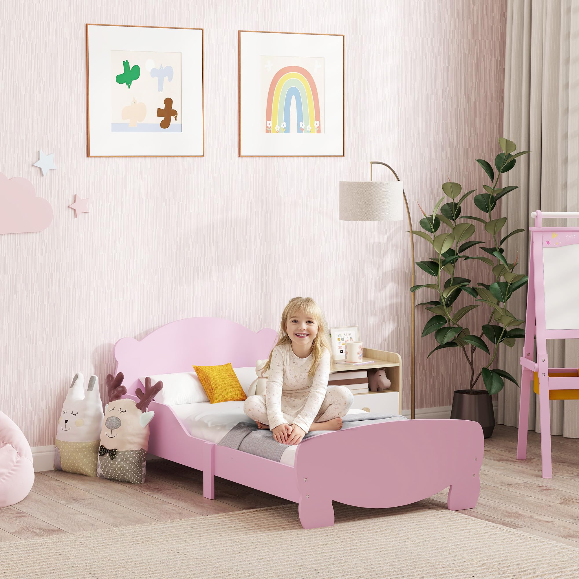 AIYAPLAY Cama Infantil Montessori para Niños de 3 a 6 Años, Cama Infantil Individual de 140x70 cm con Laterales Anticaída y Somier de Láminas de Madera en Forma de Oso para Habitación Infantil, Rosa