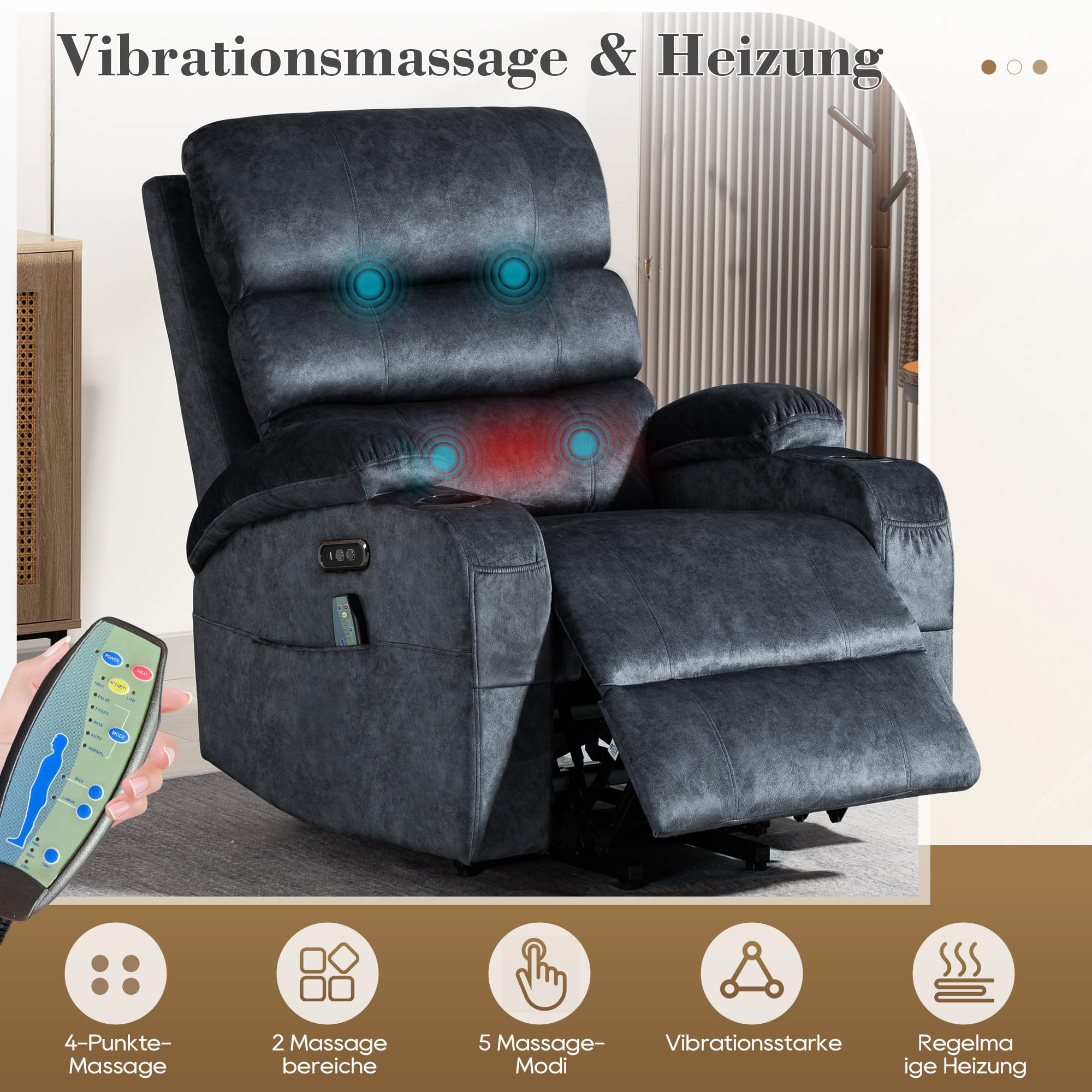 Fernsehsessel mit Aufstehhilfe Elektrisch, Relaxsessel mit Liegefunktion, Massagesessel mit Wärmefunktion, Liegefunktion, 4 Seitentaschen, TYP C & USB-Anschlüsse TV Sessel Wohnzimmer (Grau)