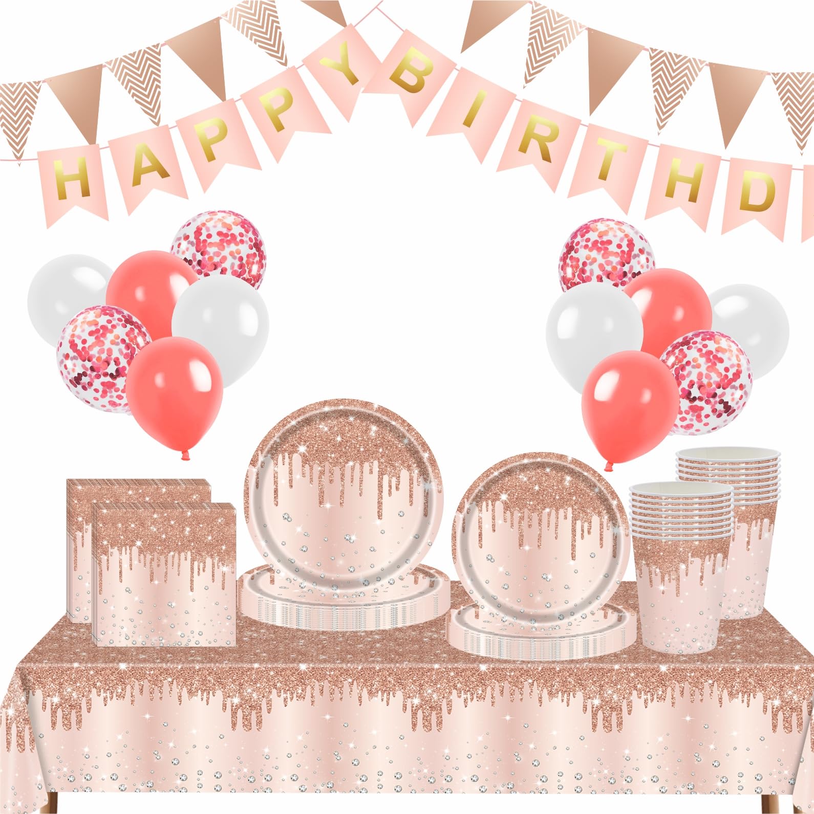 83pcs Rose Gold Diamond Theme Disposable Party Tableware Set, Rosegold, 83 Piece Set