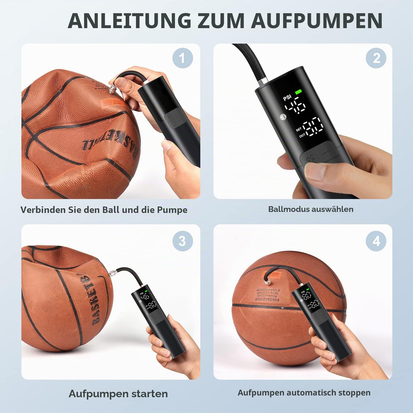 Pumteck MY01 Elektrische Ballpumpe mit Aufblasen & Luftablassung, Genaues Manometer und 4 voreingestellte Modi, Automatische Ballpumpe für Basketball, Fußball, Fußball und Volleyball (Max 15 PSI)