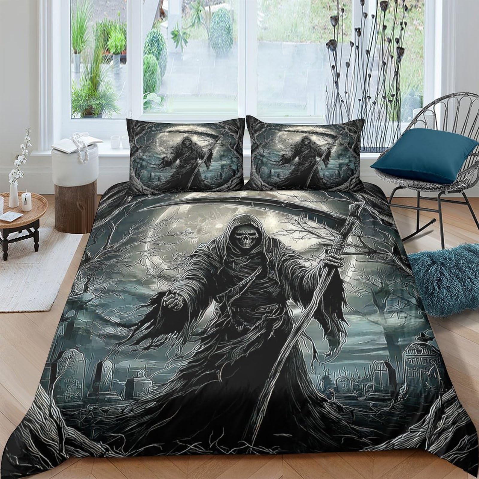 Ctjqhvkz Style-6 3D Printed Grim Reaper Fitted Sheet Microfiber Soft Dark Fantasy Skull Mattress Cover Bedroom Decor Protector Single（135X200cm）