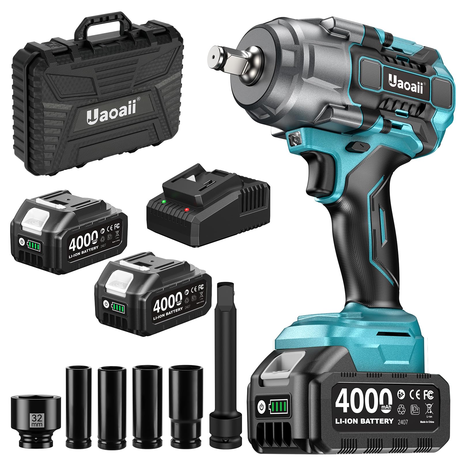 Avvitatore a impulsi a batteria 1600 Nm 1/2", 2 batterie 4000mAh con caricatore rapido, 21V Avvitatore Elettrico bussole 17-19-21-24 mm + prolunga 5", ideale per auto, camion, garage, officina