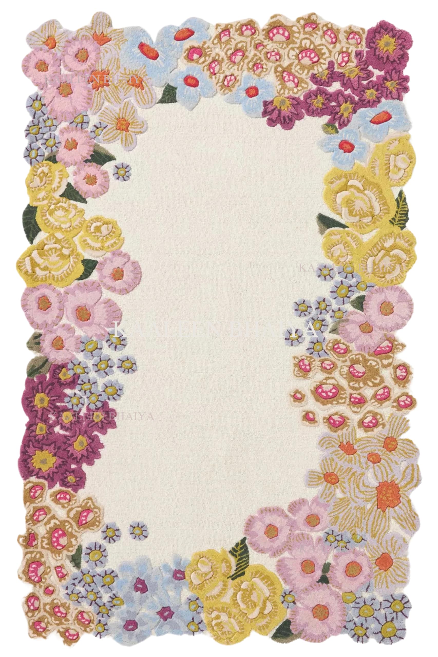 Kaaleen Bhaiya Handmade Tufted Rug – Unique Irregular Floral Shape, Premium Wool High-Pile Rug for Living Room, Bedroom & Home Décor – Artistic Bohemian Multicolor Blossom-F3 3X5 FEET