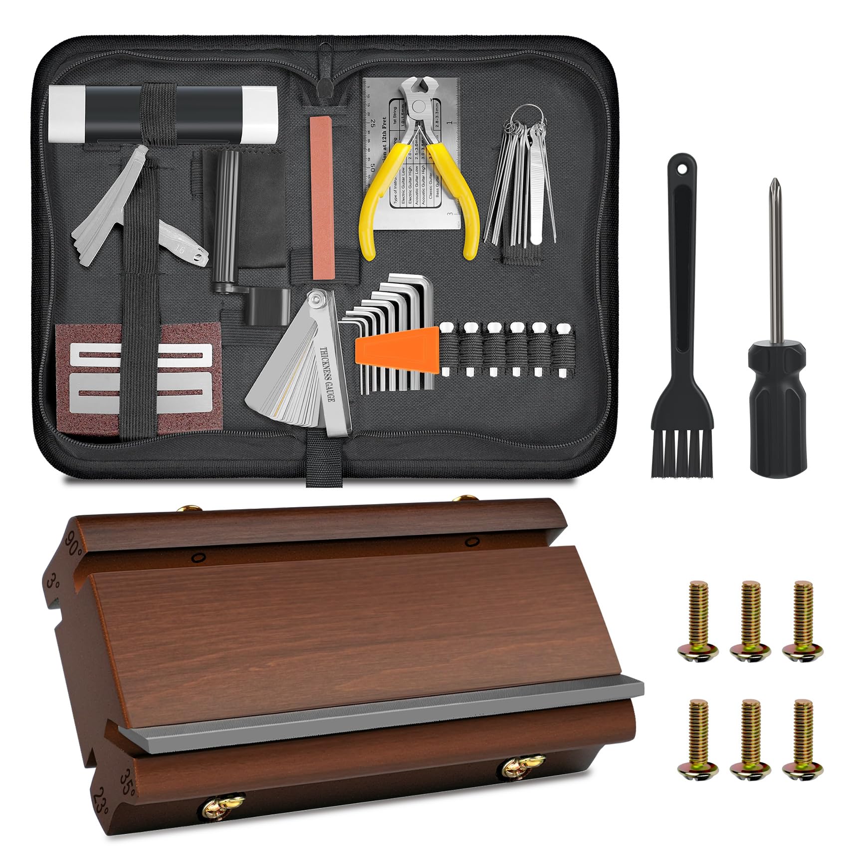 3/23/35/90 Degree Fret End Beveling File with Guitar Repairing Maintenance Tool Kit, 57Pcs 4 in 1 fret file Care Set of Tools For Acoustic Guitar Electric Ukulele Bass Banjo,Guitar Gift for Enthusiast