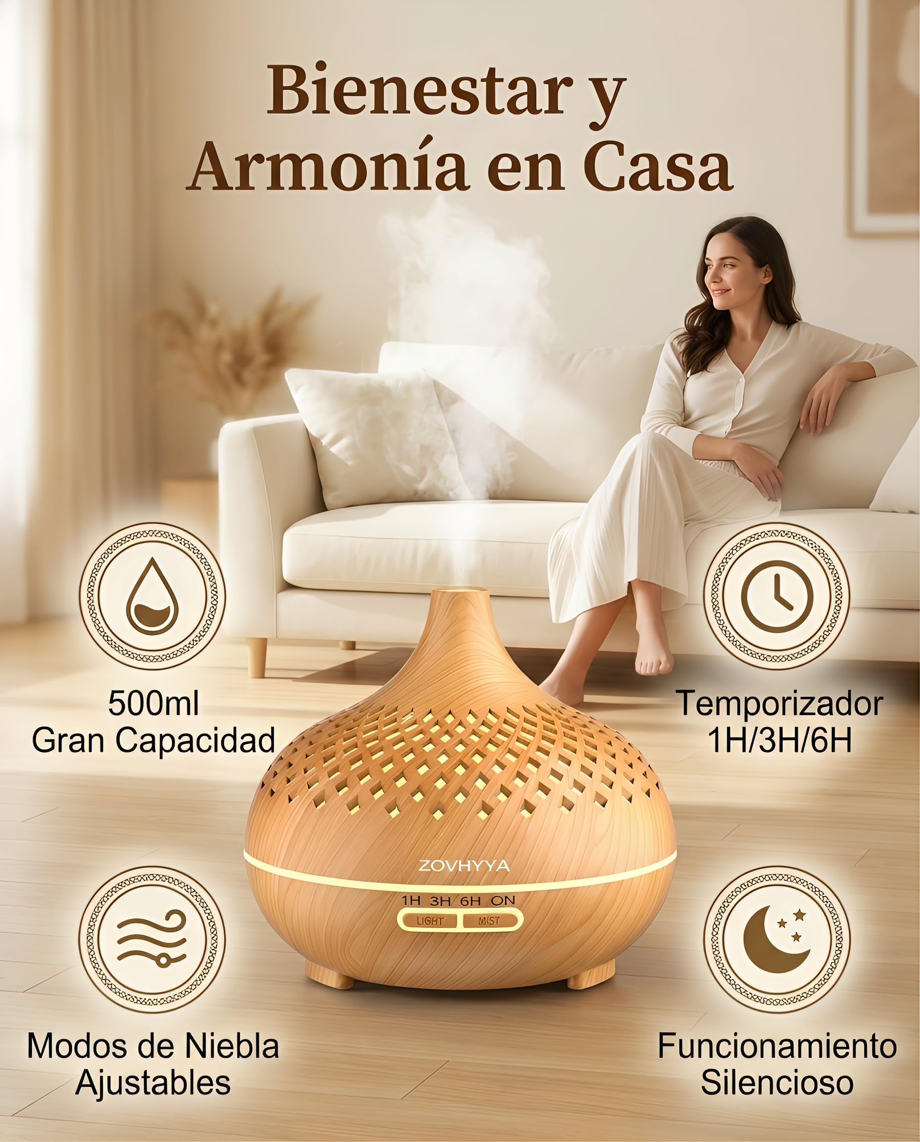 Difusor de Aroma 500ML Humidificador con 14 Luces LED Control Remoto 4 Temporizadores y 2 Modos de Pulverización para Hogar Dormitorio y Oficina