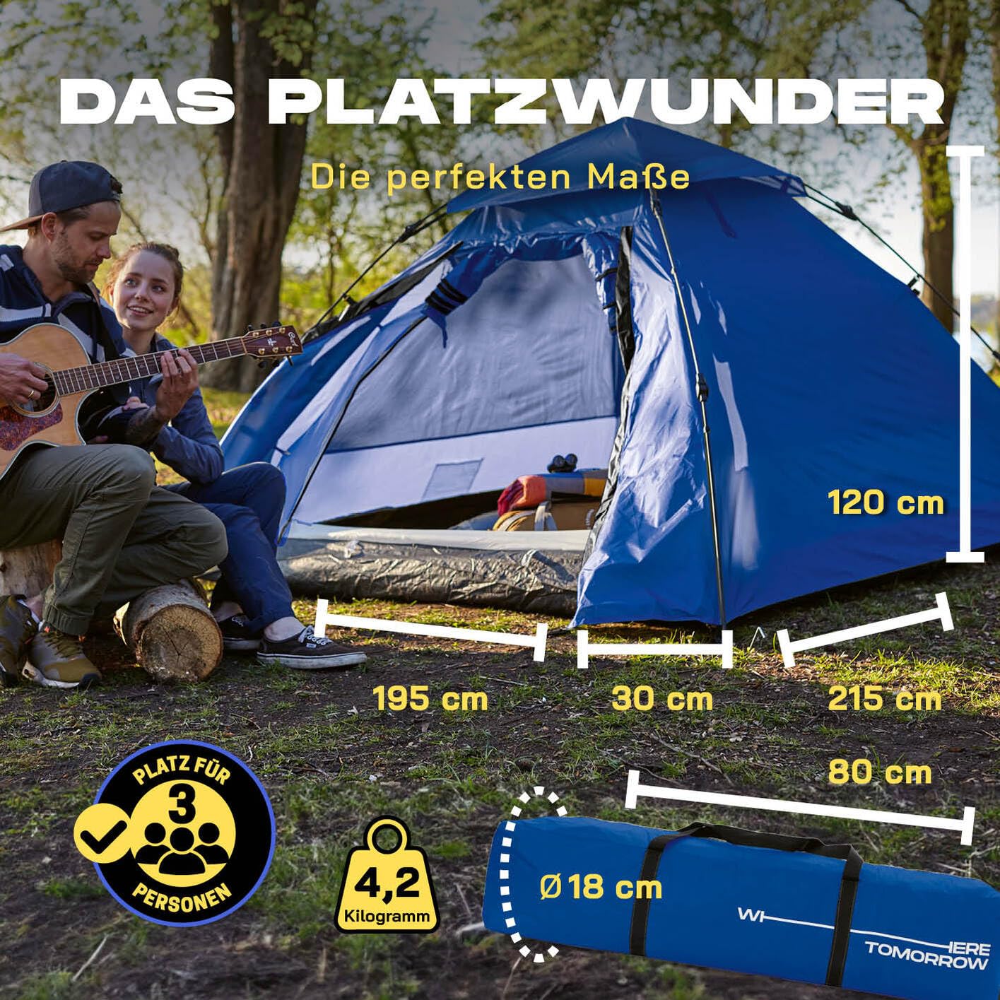 Lumaland Pop Up Camping Zelt | 2-3 Personen Kuppelzelt 215 x 195 x 120 cm| 4 Jahreszeiten Igluzelt | Outdoor Trekking & Festival Wurfzelt | Leicht, Wasserdicht & Robust | Aufbau simpel, schnell