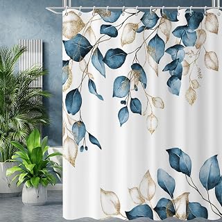 Blue Leaf Shower Curtain, Blue and Gold Eucalyptus Leaf Botanical Watercolor Plants Spring Bathroom Curtain Waterproof Fabric Machine Washable with Hooks, 72" Wx72 L