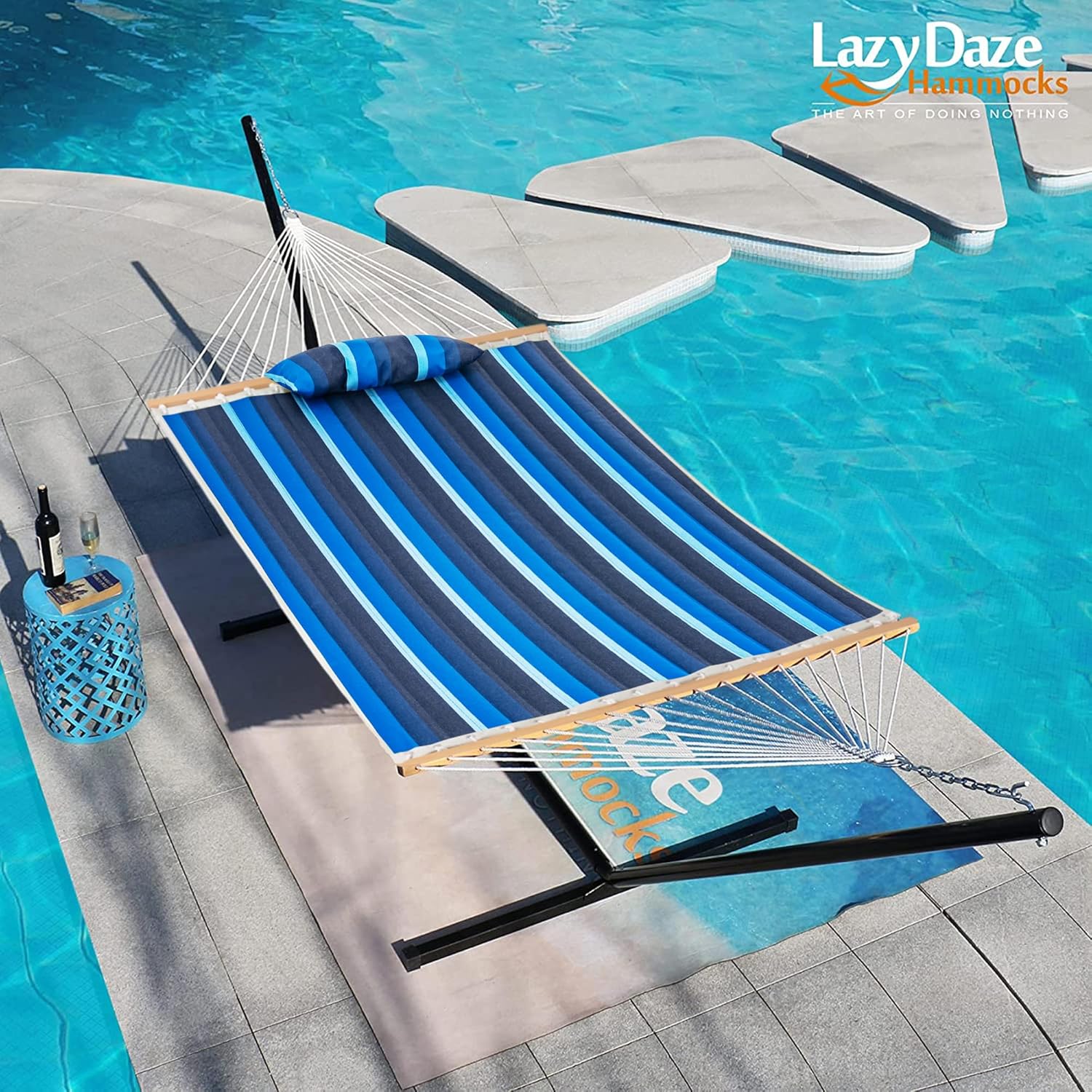 Lazy Daze Hammocks 12 FT Sunbrella Fabric Quilted Hammock Double Sunbrella Quilted Hammock with Spreader Bars & Pillow, All Weather and Fade Resistant for Outdoor, 450 lbs Capacity, Gateway Indigo