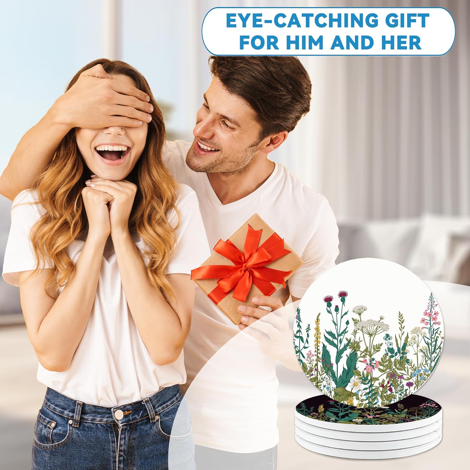 Drinks Coasters Set of 4, Spring Wildflowers Round 4" Cup Coasters, Absorbent Ceramic Stone Coasters with Cork Base, Cute Coasters for Table Home Décor, Ideal Gifts for Women Men - Image 6