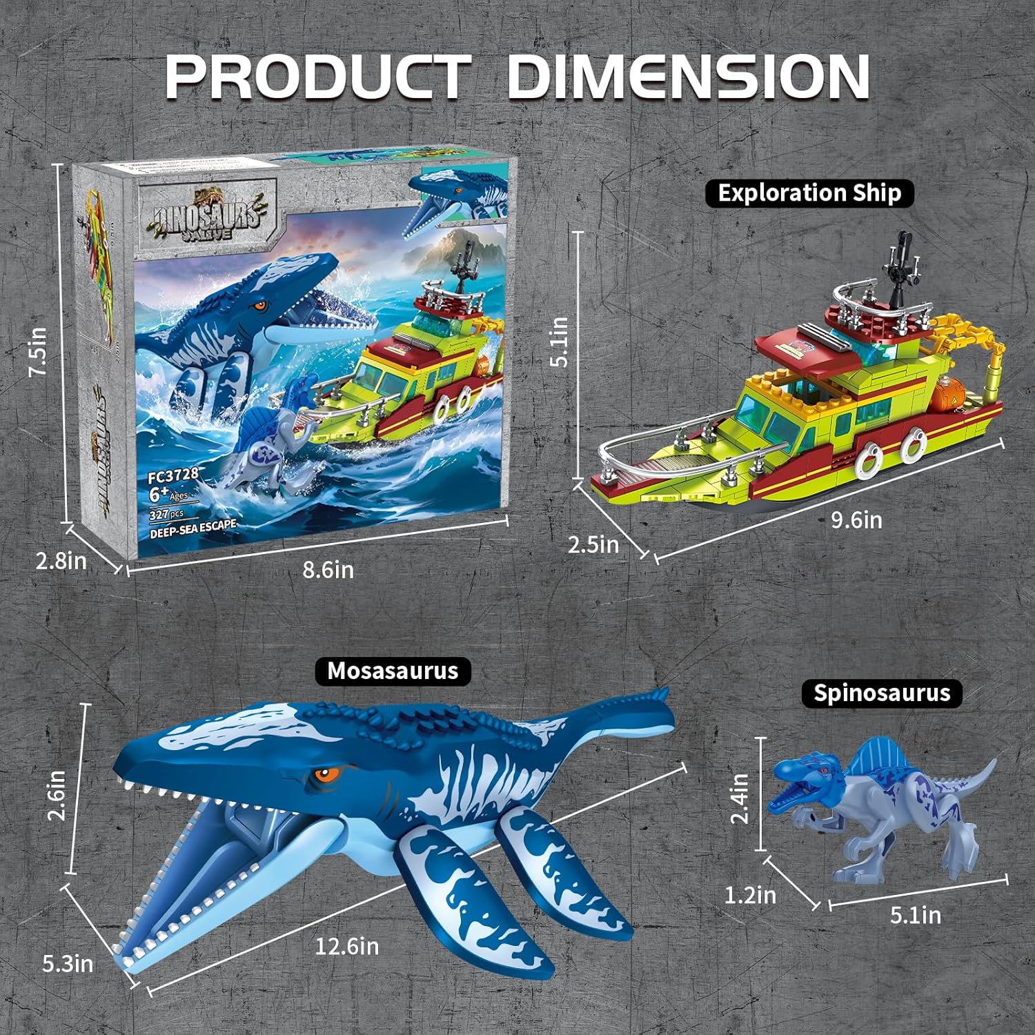 3 in 1 Sea Dinosaur Building Blocks Kit Set, Compatible with Lego Dinosaur World Park Spinosaurus Mosasaurus Discovery Crossing Ocean World Building Set, Boat STEM Toys Gift Kids Adults Boys Age 8-12