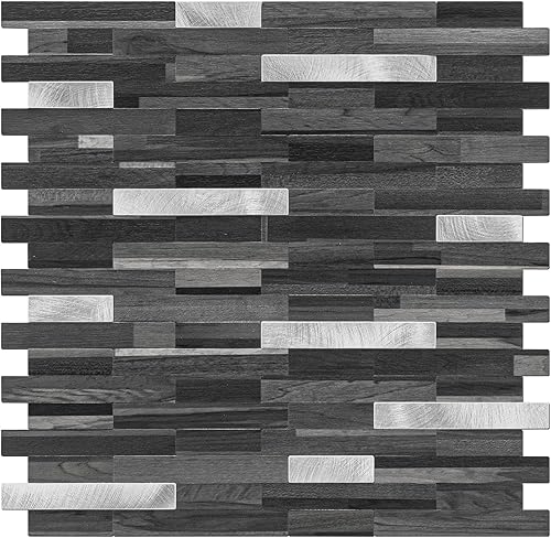 STICKGOO Azulejo de protección contra salpicaduras para despegar y pegar, para cocina y baño, aspecto de madera negra y gris, PVC, mezcla de metal