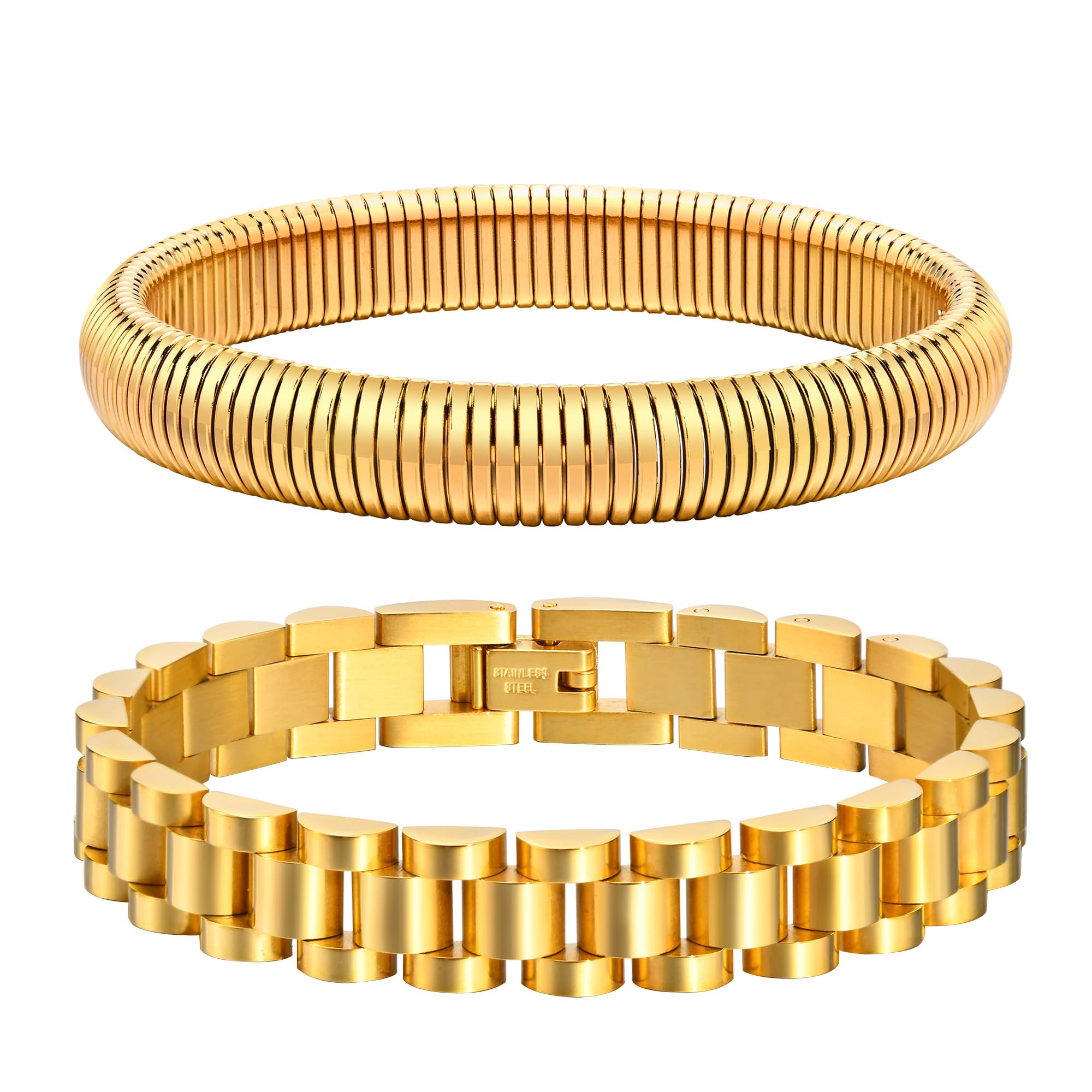 MPRAINBOW 2pcs Gold Chain Link Bracelet, Stainless Steel Crystal Friendship Bracelets Bangle,Watch Band Chains Wristband Jewelry with Adjust Tool