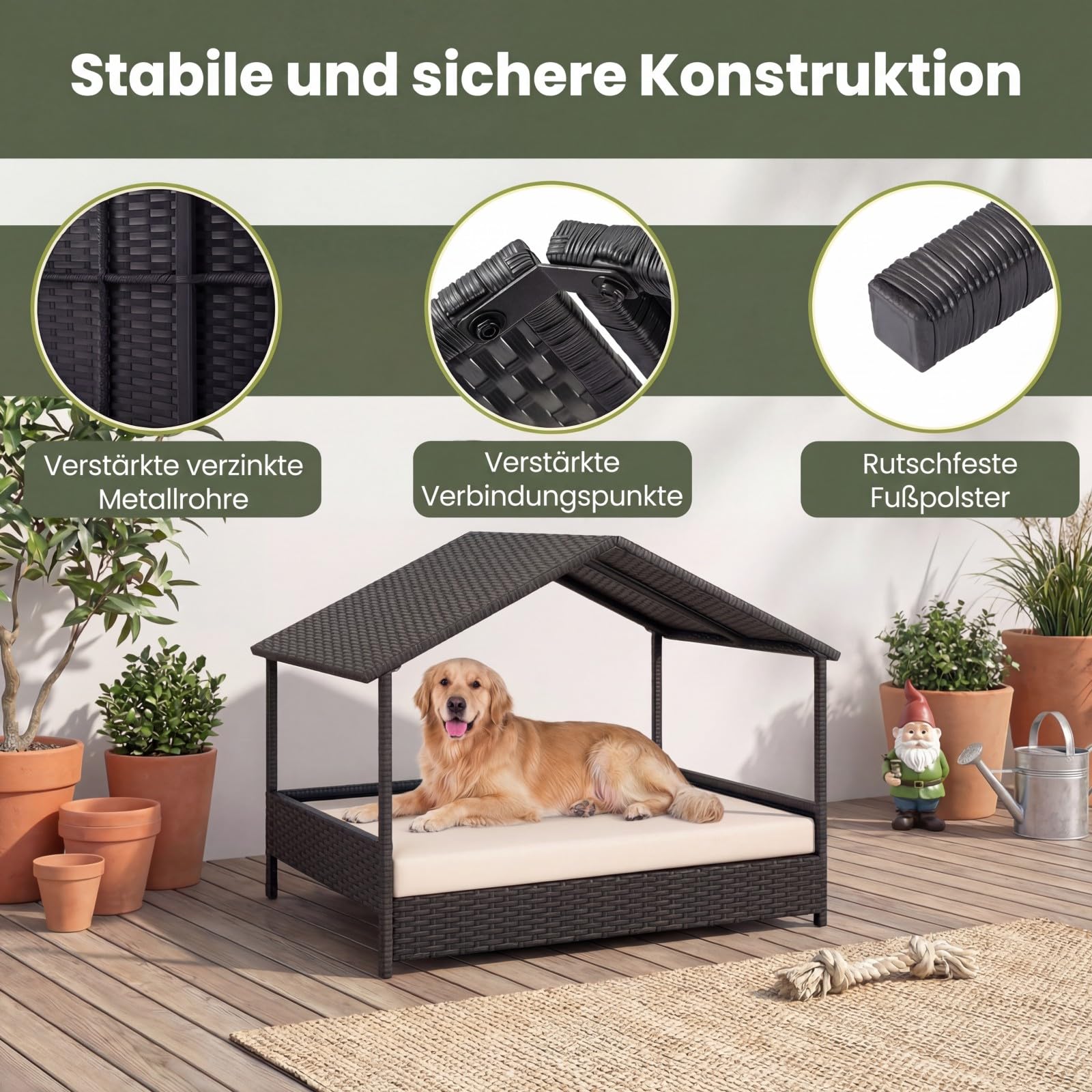 GYMAX Hundebett Outdoor, erhöhtes Hundeliege aus Rattan mit Kissen & Schrägdach, Haustierbett wetterfest für kleine & mittelgroße Hunde, 98 x 68 x 74 cm (Beige)
