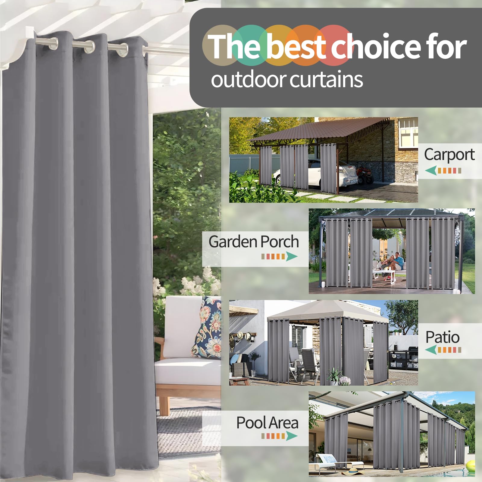 Teruntrue 2 Stücke Outdoor Vorhang Wetterfest mit Ösen, Outdoorvorhänge Balkon Vorhang Terrasse Vorhänge Outdoor Gardinen Sonnenschutz & Sichtschutz Vorhänge mit Schlaufen Unten, H213 x B254 cm, Grau