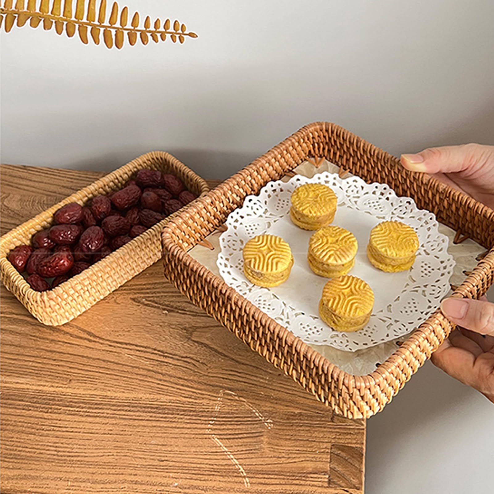 Juego de 3 bandejas cuadradas de ratán tejido con incrustaciones de nácar – Bandeja de mimbre para servir de cocina y hogar para exhibición de mesa y joyería