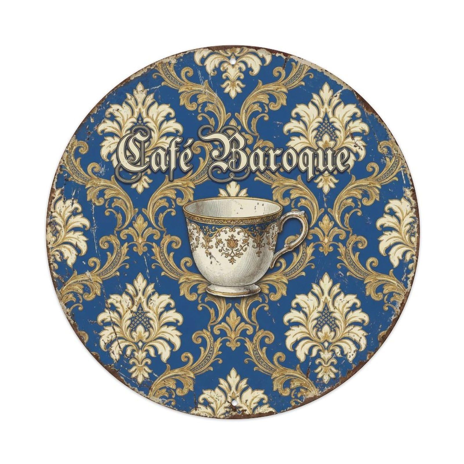 Damask Baroque Bistro Cafe Metal Tin Sign Plaque Wall Decor for Cafe, Club, Garden Round Metal Poster 8x8Inch