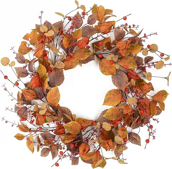 YNYLCHMX 18" Fall Wreaths for Front Door, Artificial Autumn Wreath, Fall Door Wreath with Eucalyptus Leaves for Home Porch Window Wall Farmhouse Decor, Indoor Outdoor, Holiday Decor