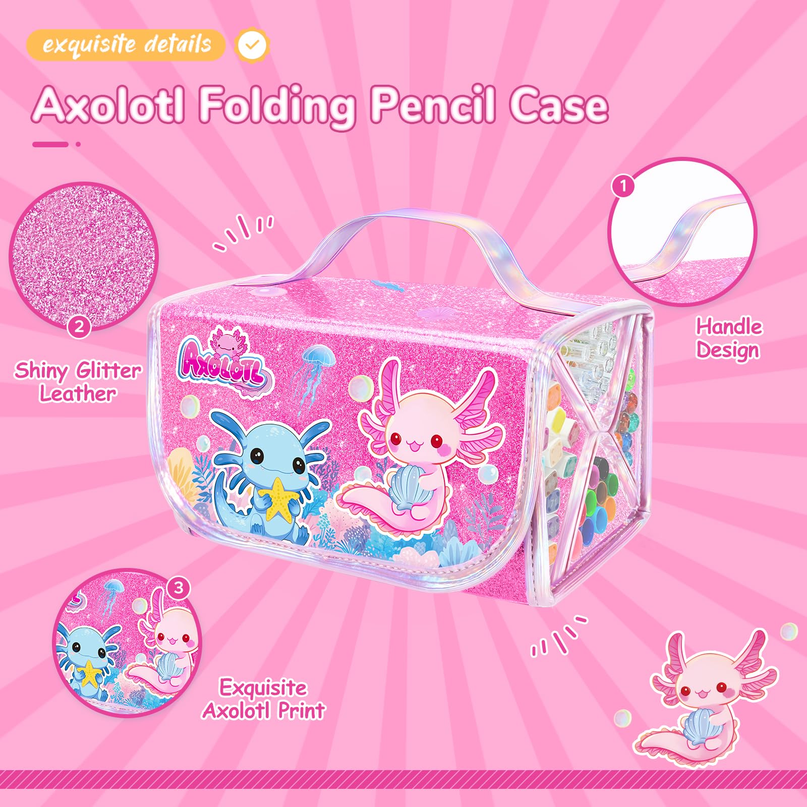 JYPS Washable Colouring Set including Pencil Case, 70 PCS Axolotl Kids Art Pens Set including Scented Glitter Pens,Markers - Image 3