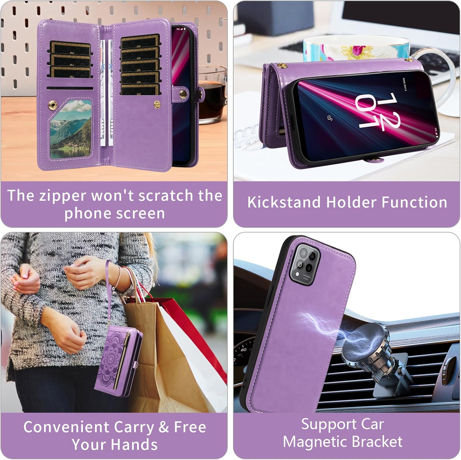 Asuwish Phone Case for T-Mobile Revvl 6 Pro/6X Pro 5G Zipper Wallet Cell Cover with Tempered Glass Screen Protector Strap Flower Card Holder Tmobile Revel X Tmo Revell T Mobile Rebel TCL Women Purple