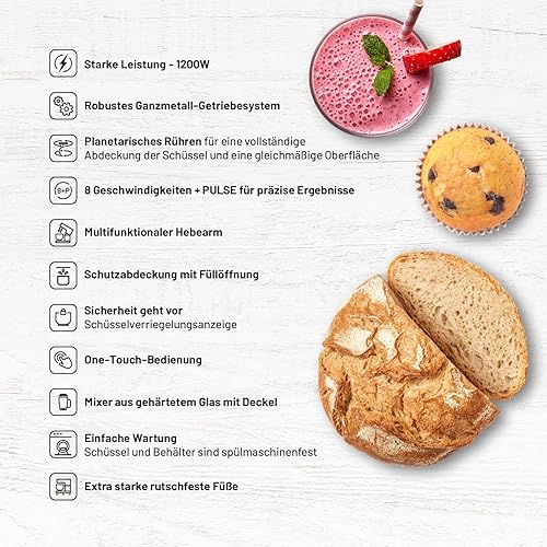 Miniatura 7 de Kitchen Machine 1200BC Procesador de alimentos con motor de cobre y caja de cambios totalmente metálica Mezclador de vidrio templado de 1200 W de