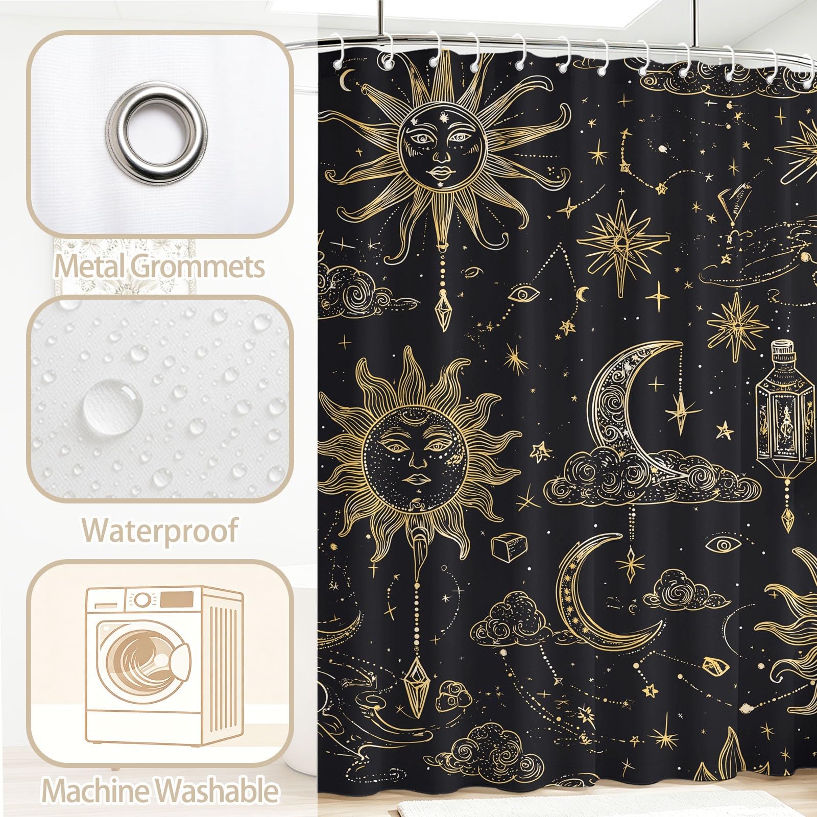 Generisch Tenda da doccia con fantasia con cielo stellato, 180 x 200 cm, antimuffa, impermeabile, in microfibra, con occhielli e ganci, colore nero