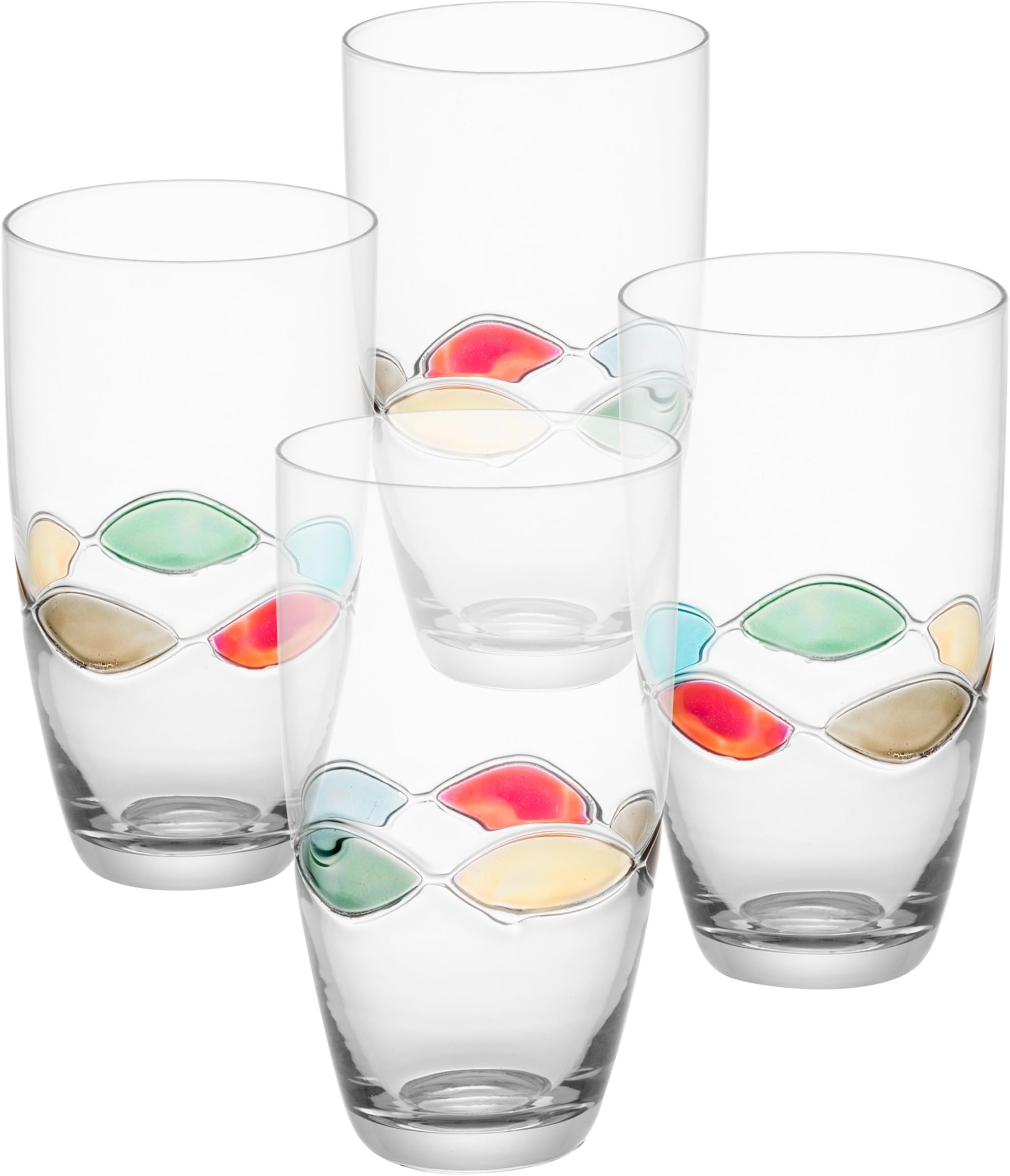 Trinkware Set of 4 Highball Glasses With Hand Painted Colored Design - Drinking Glasses - Stemless Cocktail Tumblers - 20oz, 6-inches Tall