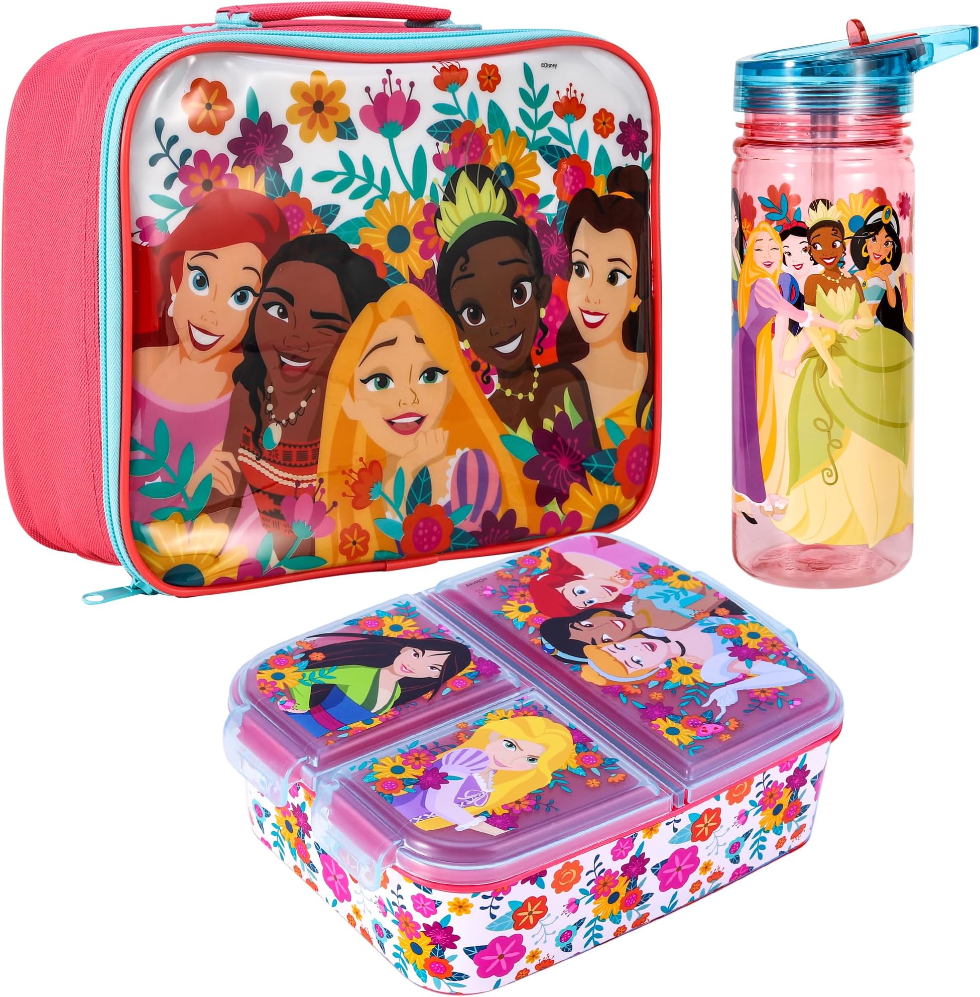 Disney Princess Kids Childrens Lunch Box Set – Insulated Lunch Bag, Multicompartment Lunch Box & 580ml Water Bottle - School Travel Lunch Food Set, BPA Free