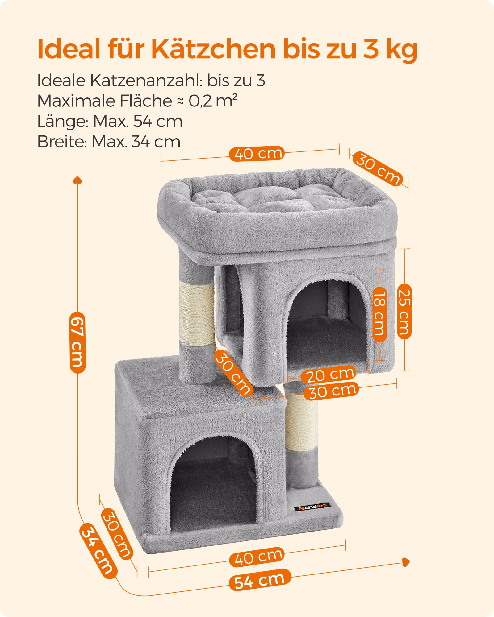 Feandrea Kratzbaum klein, 67 cm Katzenbaum, Katzenhaus für Kätzchen bis zu 3 kg, große Plattform, Sisalstämme, hellgrau PCT611W01