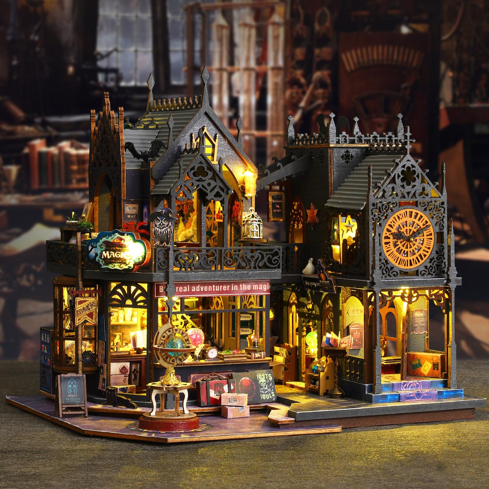 Cuteefun Kit de maison de poupée miniature en bois avec lumière LED, artisanat fait main pour adultes et adolescents à construire votre propre modèle de maison de rêve (salle de livre magique Cuteefun Kit de maison de poupée miniature en bois avec lumière LED, artisanat fait main pour adultes et adolescents à construire votre propre modèle de maison de rêve (salle de livre magique