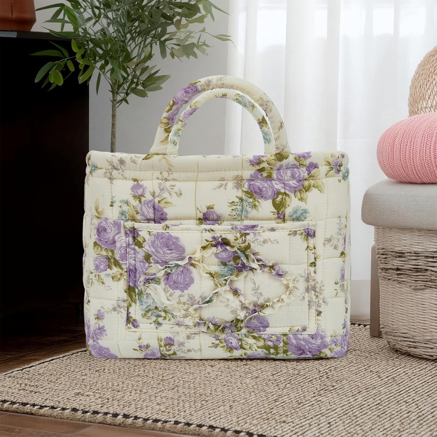 Quilted Laundry Basket with Handles, Aesthetic Collapsible Fabric Storage Basket for Clothes, Diapers & Toys - Multi-Purpose Boho Organizer Tote for Car, Home & Picnic (D)