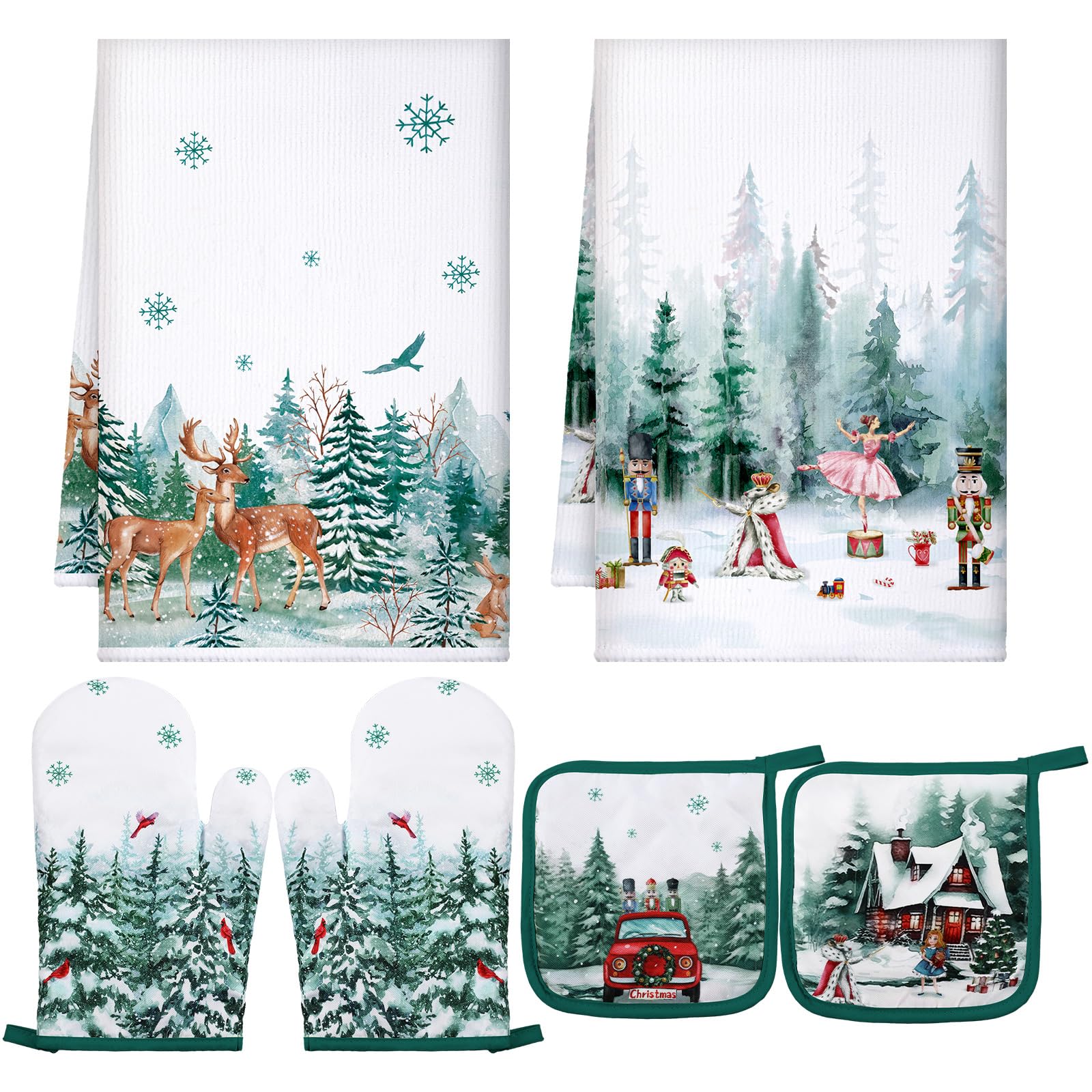 Bencailor 6 Pcs Deer Kitchen Towels Pot Holders and Oven Mitts Set Soft Cotton Linen Dish Towel Heat Resistant Oven Mitts for Christmas Kitchen Decor Cooking Baking Grilling, Green