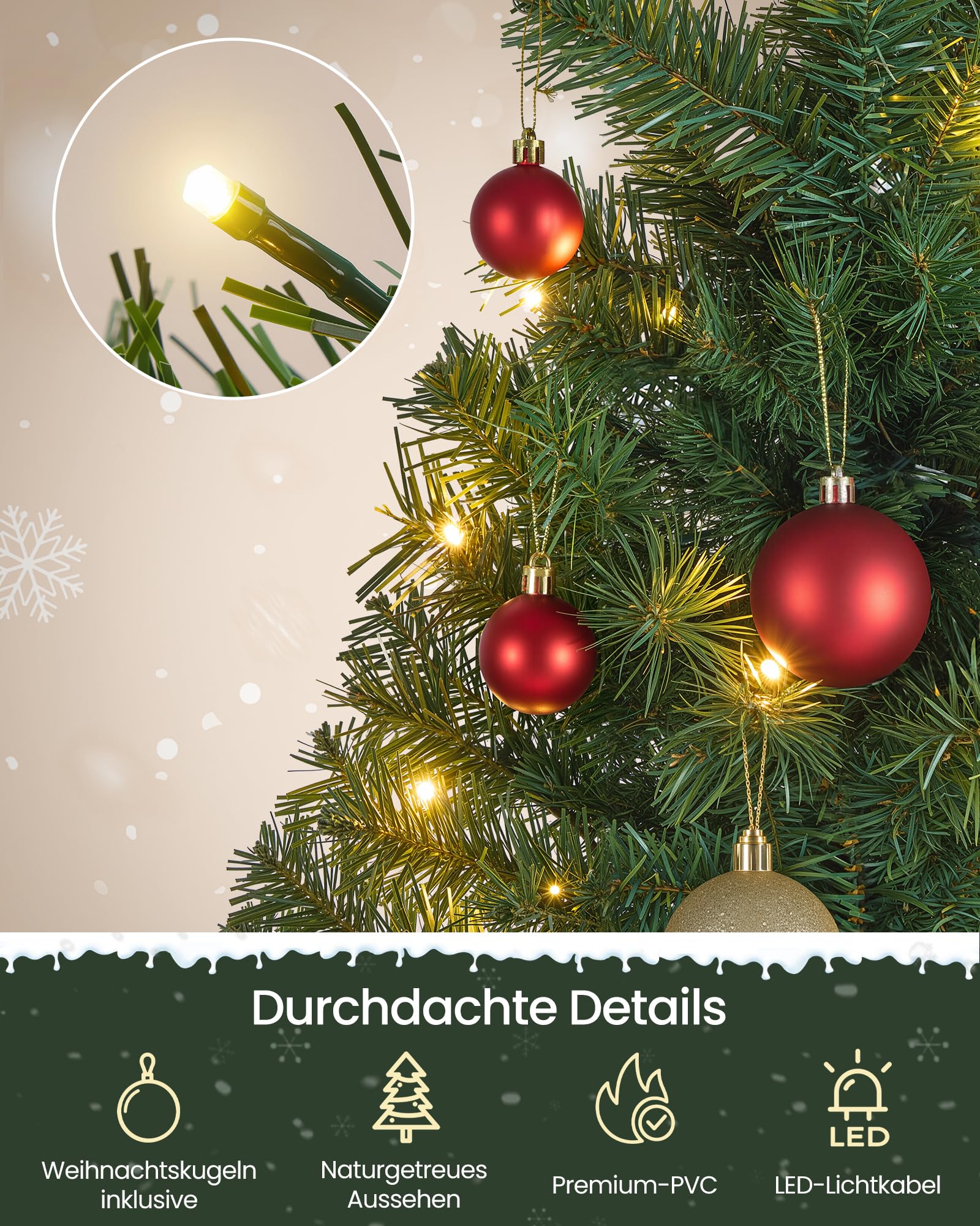 SONGMICS Künstlicher Weihnachtsbaum, 180 cm, mit Beleuchtung