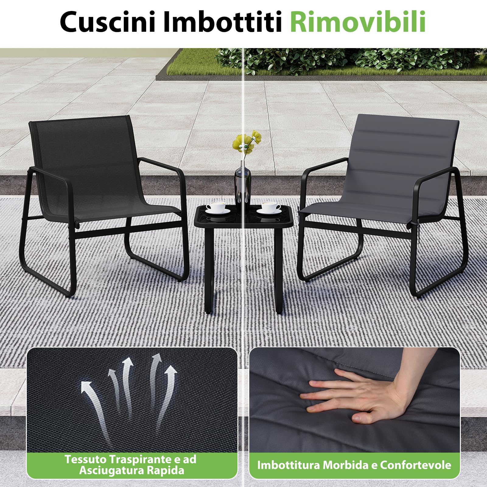 COSTWAY Set Tavolino e Sedie da Giardino, Set Bistrò 3 Pezzi con Cuscini Rimovibili, Tavolo in Vetro Temperato, Struttura in Metallo, per Patio, Cortile e Piscina (Modello 3)