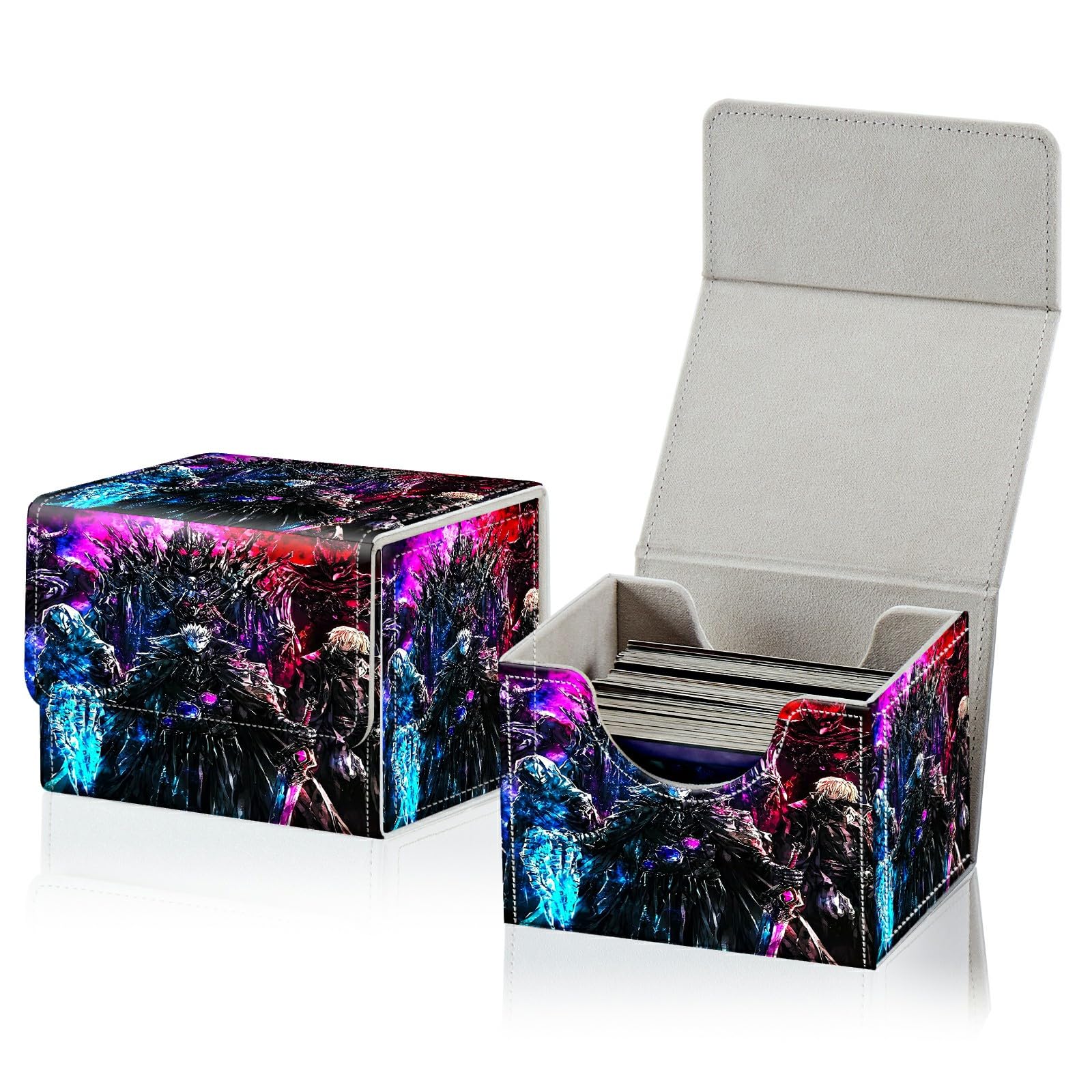 RWUTYTIUL Card Deck Box for MTG, Cards Storage Box Fits 120+ Sleeved, Leather Small Size Strong Magnetic Closing Card Case for Board Games Magic TCG CCG Baseball Collection, Night Warriors