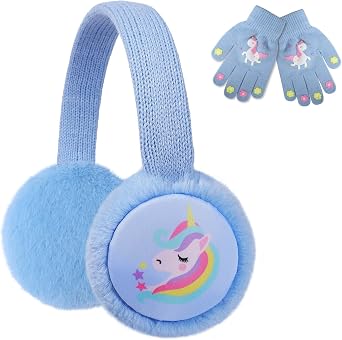 Women Kids Girls Cute Unicorn Earmuffs and Gloves Set, Winter Warm Foldable Ear Warmer Mitten for Cold Weather