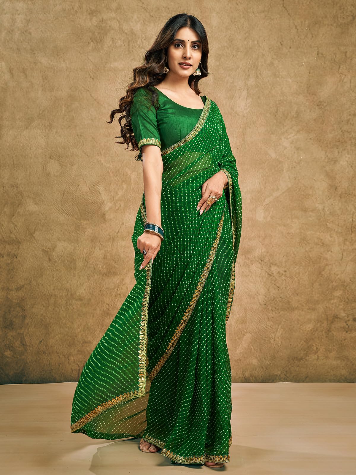Satrani Women's Georgette Leheriya Printed Saree With Unstitched Blouse Piece (4010S268N_Green)