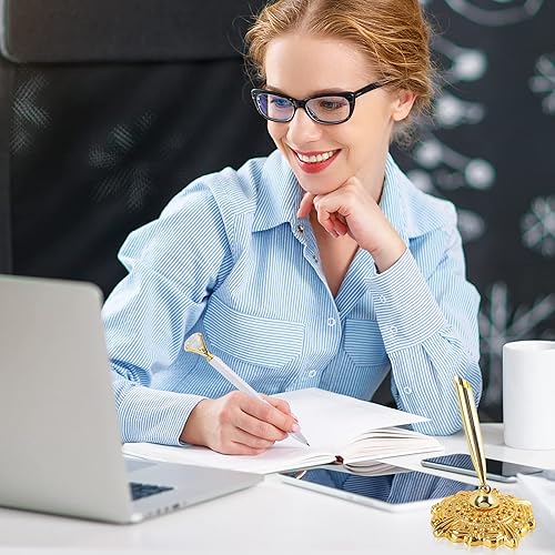 Miniatura 6 de Juego de bolígrafo redondo hueco con bolígrafo de cristal grande para boda, compromiso, fiesta, recuerdos, dorado, con bolígrafo blanco