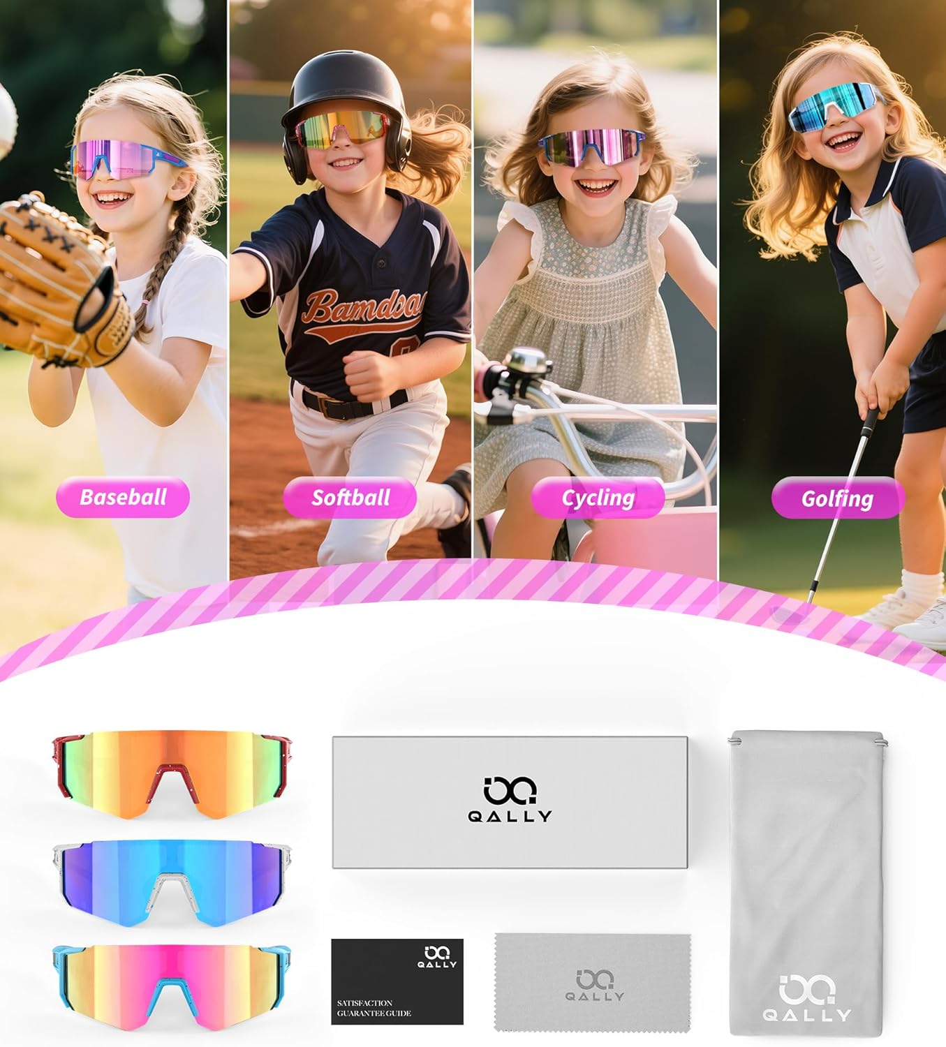 Kids Sunglasses Youth Baseball Softball Sunglasses for Girls Boys Age 4-14 UV Protection Sports Kids 3 Pack - Image 6