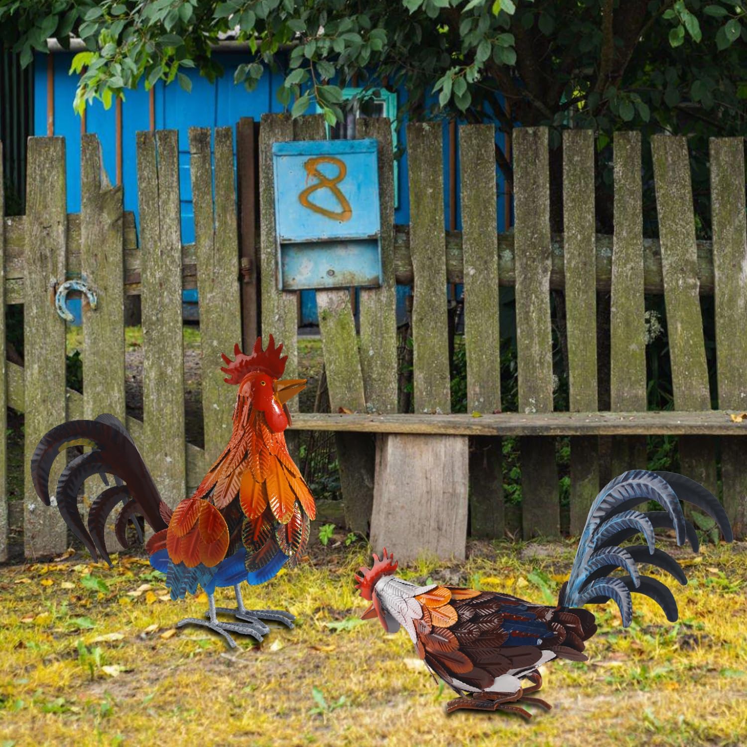 Rooster Statue Metal Chicken Sculpture Garden Decoration Metal Yard Art for Patio Lawn Backyard Outdoor Decoration,A Set of 2