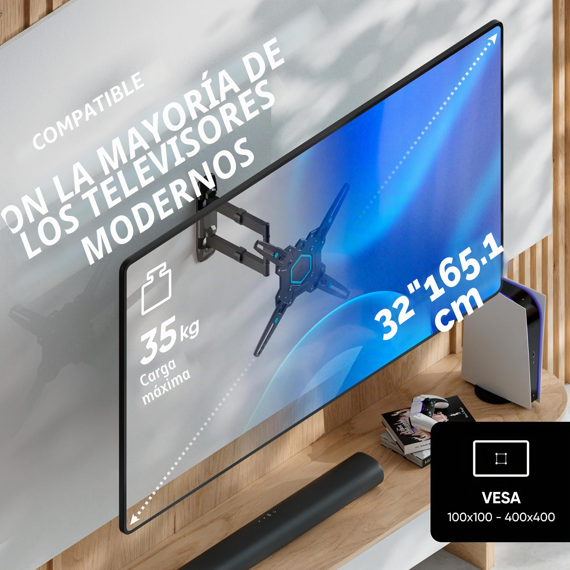 ONKRON Soporte TV Pared 32-65 Pulgadas, Carga de hasta 35 kg, VESA 100x100-400x400 mm, Soporte Television Pared Articulado, Inclinable y Giratorio 180°, Brazo TV Extensible, Negro M4-B