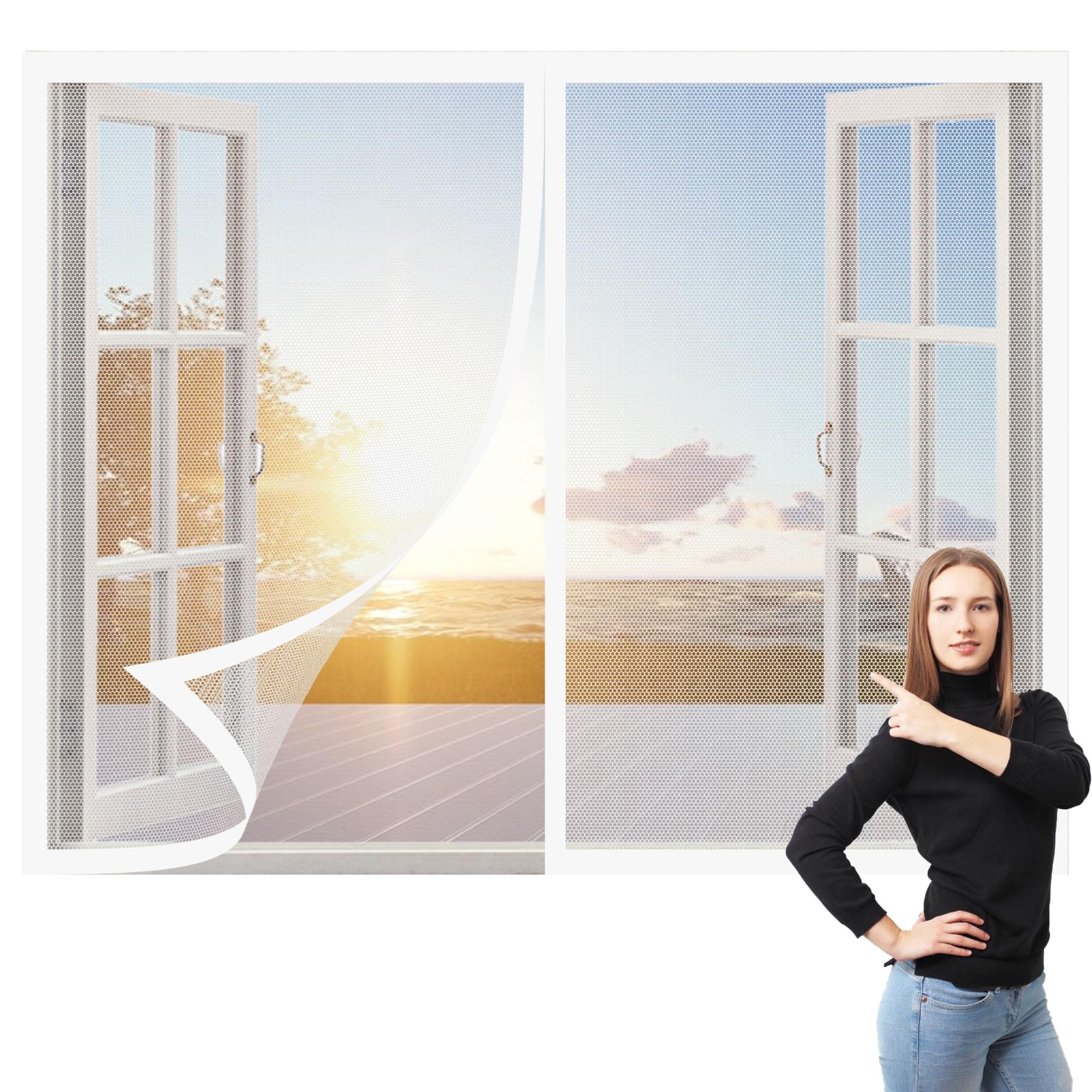 Magnetic Fly Screens Windows 145 x 90 cm Selfadhesive Tape Reinforced Thickened Window Screen Excellent Ventilation While Blocking Bugs for Living Room Bedroom Offfice, White