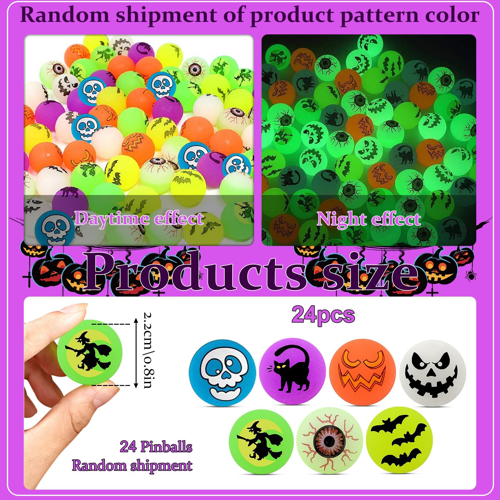 48 Stück Halloween Flummis Leuchtend - 8 Motive Für Kinder Party