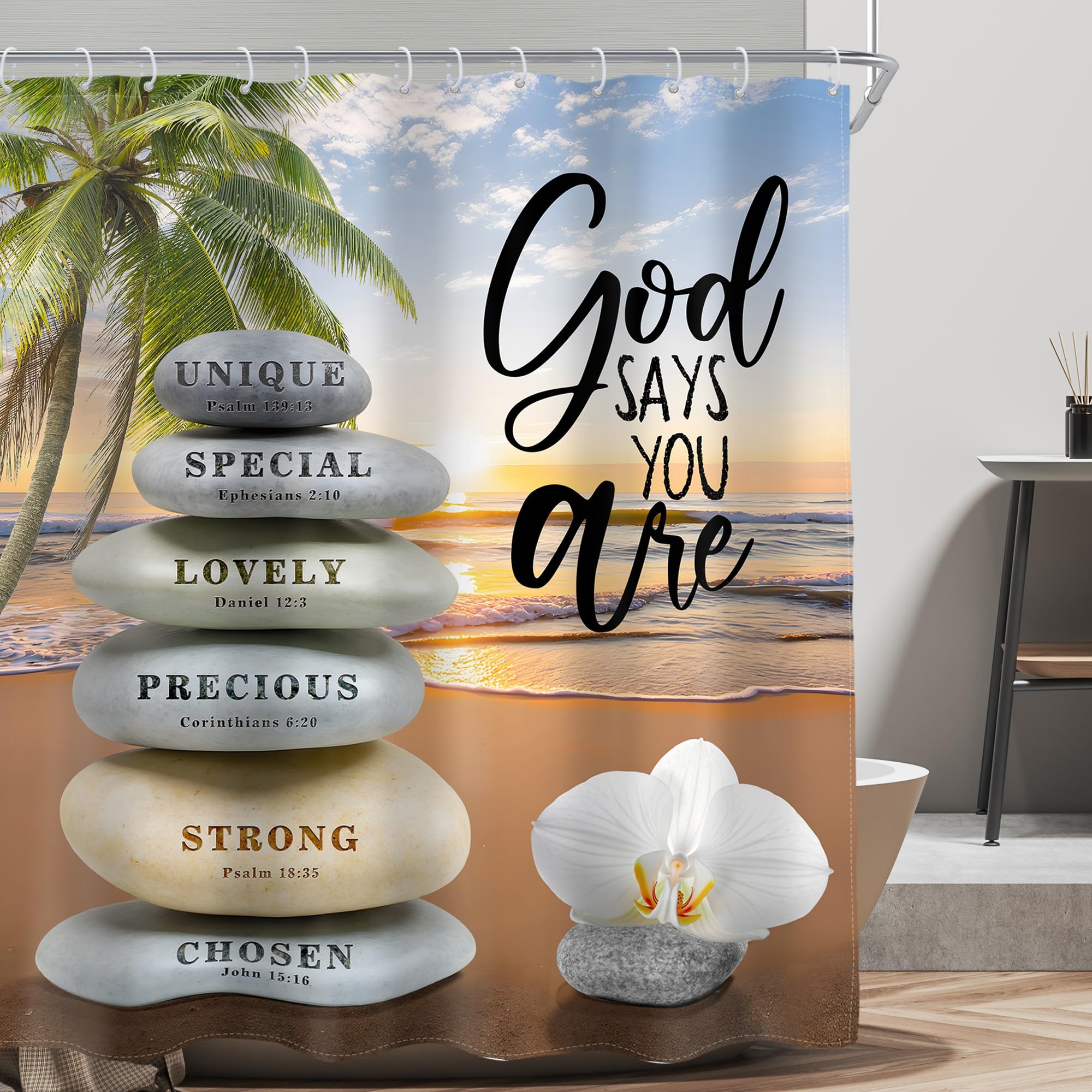 AMBZEK Beach Zen Stone Bible Verse Shower Curtain 60Wx72L Inch Ocean Sea Tropical Palm Tree Scripture Spa Lotus Quotes Artwork Cloth Fabric Waterproof